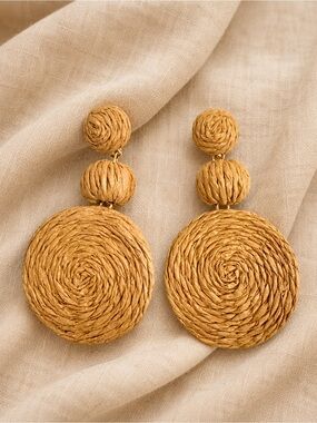 Woven Raffia Triple-Drop Earrings in Natural Tan